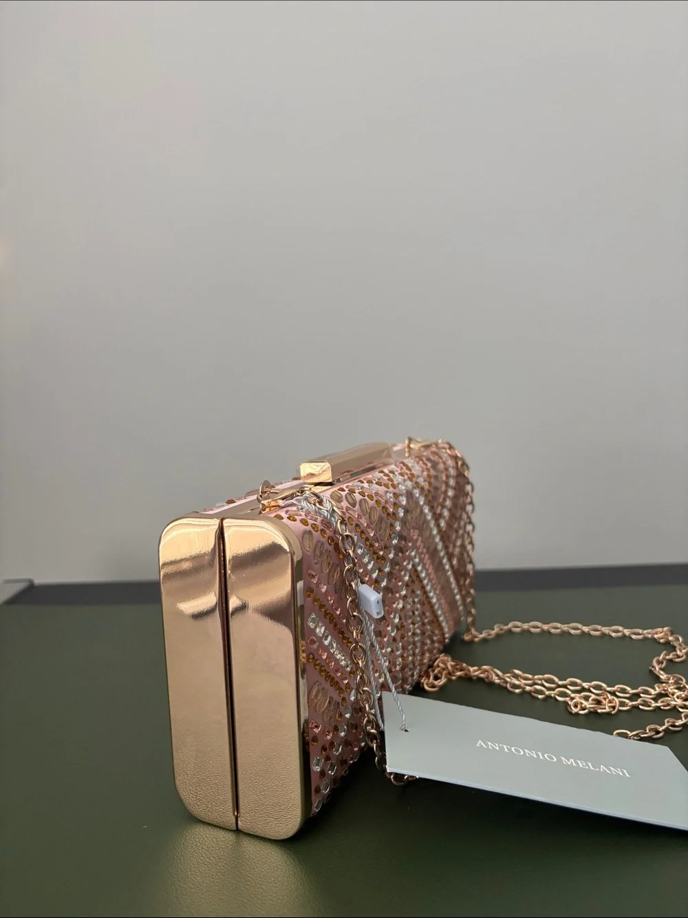 ANTONIO MELANI Pink Jeweled Evening Clutch with Gold Chain